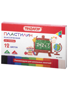 Пластилин классический ПИФАГОР ШКОЛЬНЫЙ, 12 цветов, 180 г, со стеком, 105434