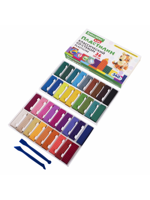 Пластилин классический BRAUBERG KIDS, 36 цветов, 540 грамм, стек, ВЫСШЕЕ КАЧЕСТВО, 106678