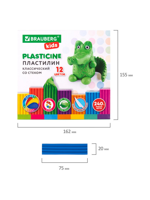 Пластилин классический BRAUBERG KIDS, 12 цветов, 240 г, стек, ВЫСШЕЕ КАЧЕСТВО, 106436