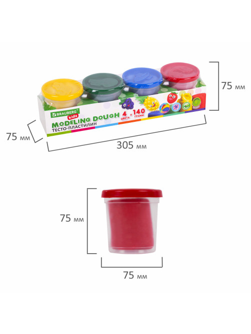 Пластилин-тесто для лепки BRAUBERG KIDS, 4 цвета, 560 г, яркие классические цвета, крышки-штампики, 106715