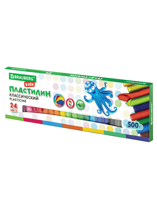 Пластилин классический BRAUBERG KIDS, 24 цвета, 500 г, ВЫСШЕЕ КАЧЕСТВО, 105874