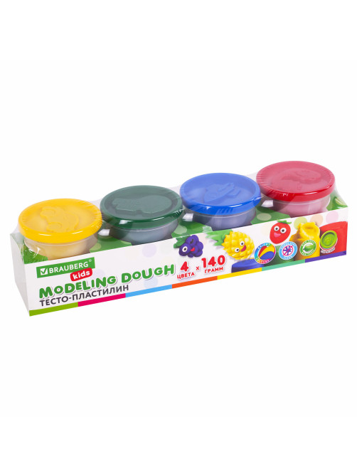 Пластилин-тесто для лепки BRAUBERG KIDS, 4 цвета, 560 г, яркие классические цвета, крышки-штампики, 106715