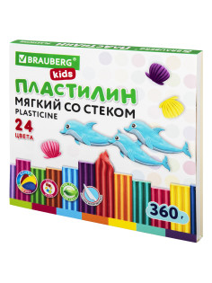 Пластилин мягкий восковой BRAUBERG KIDS, 24 цвета, 360 г, со стеком, 106498