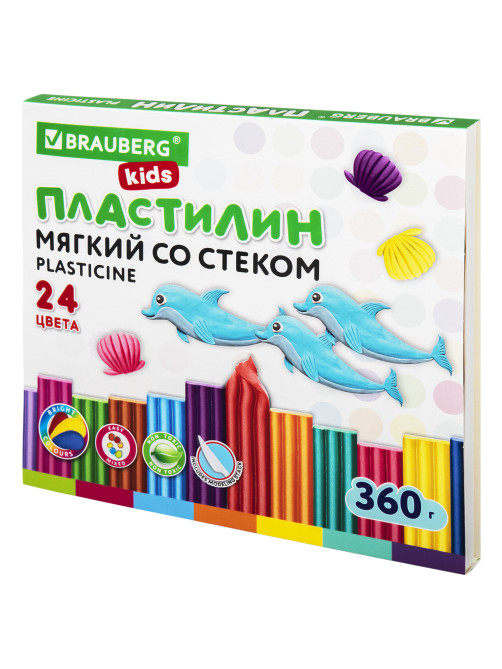 Пластилин мягкий восковой BRAUBERG KIDS, 24 цвета, 360 г, со стеком, 106498