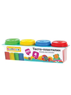 Тесто-пластилин для лепки СУПЕР ПЛАСТИЧНОЕ, 4 цвета, 200 г, крышки-штампики, BAMBOX (БАМБОКС), 107247