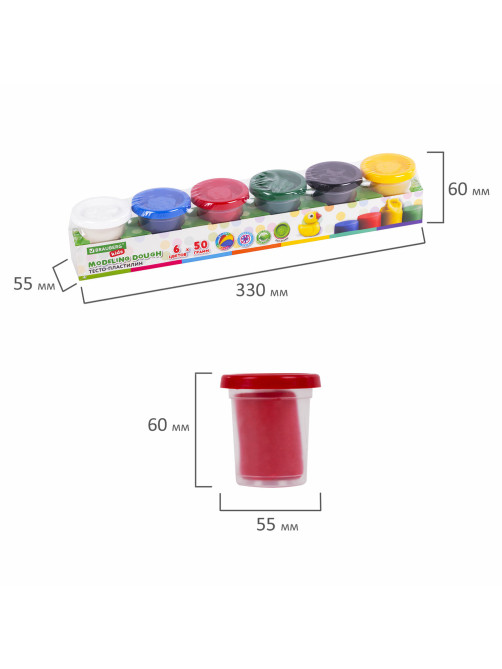 Пластилин-тесто для лепки BRAUBERG KIDS, 6 цветов, 300 г, яркие классические цвета, крышки-штампики, 106718