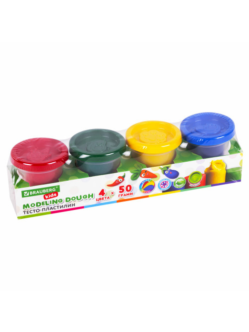Пластилин-тесто для лепки BRAUBERG KIDS, 4 цвета, 200 г, яркие классические цвета, крышки-штампики, 106714