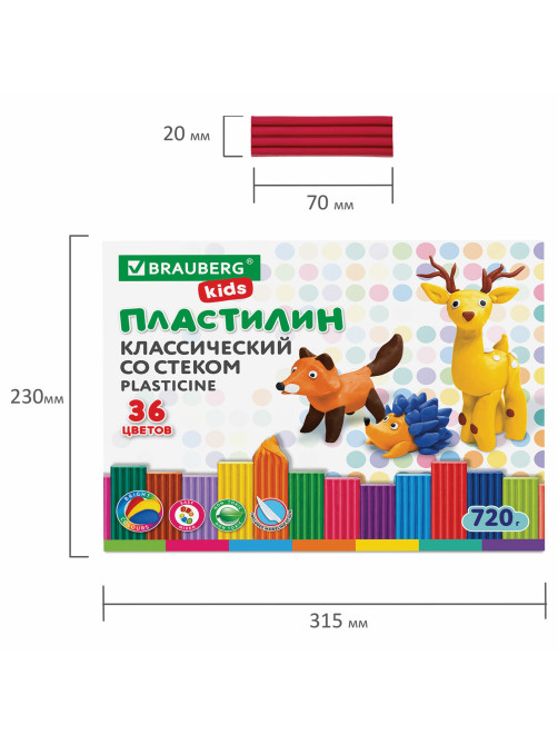 Пластилин классический BRAUBERG KIDS, 36 цветов, 720 г, стек, ВЫСШЕЕ КАЧЕСТВО, 106438