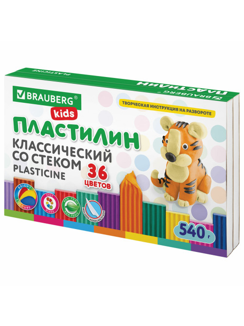 Пластилин классический BRAUBERG KIDS, 36 цветов, 540 грамм, стек, ВЫСШЕЕ КАЧЕСТВО, 106678