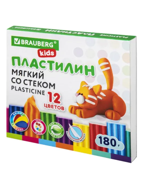 Пластилин мягкий восковой BRAUBERG KIDS, 12 цветов, 180 г, со стеком, 106495