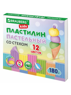 Пластилин классический пастельные цвета BRAUBERG KIDS, 12 цветов, 180 грамм, стек, 106681