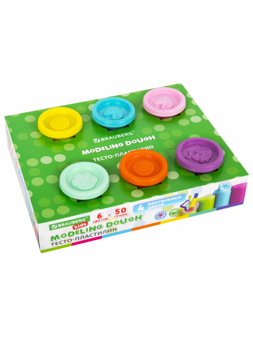 Пластилин-тесто для лепки BRAUBERG KIDS, 6 цветов, 300 г, 10 формочек, шприц, стек, крышки-штампики, 106719
