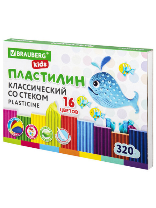Пластилин классический BRAUBERG KIDS, 16 цветов, 320 г, со стеком, 106508
