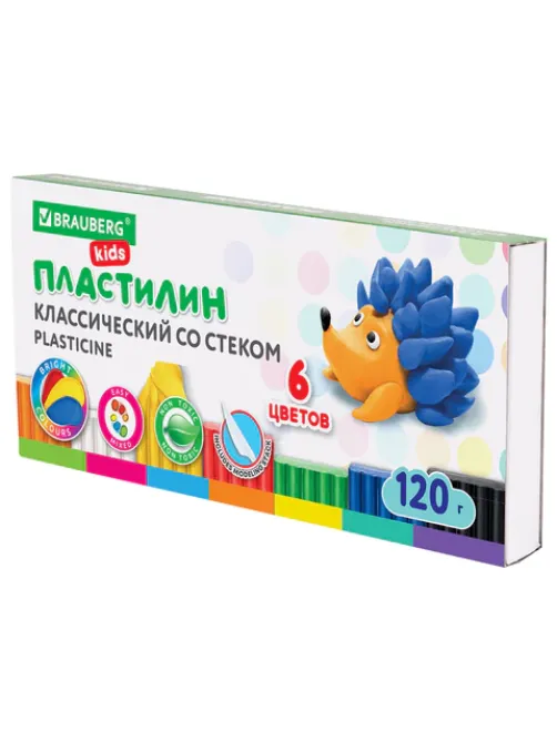 Пластилин классический BRAUBERG KIDS, 6 цветов, 120 г, стек, ВЫСШЕЕ КАЧЕСТВО, 106435