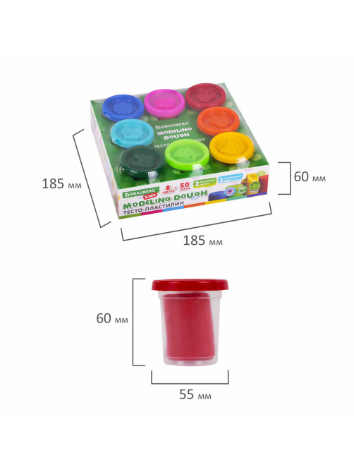 Пластилин-тесто для лепки BRAUBERG KIDS, 8 цветов, 400 г, яркие классические цвета, крышки-штампики, 106720