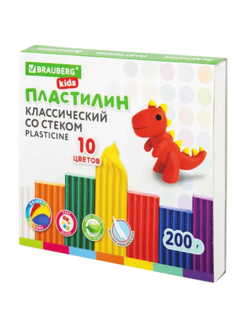 Пластилин классический BRAUBERG KIDS, 10 цветов, 200 г, со стеком, 106504