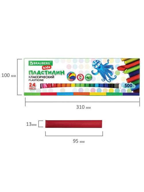 Пластилин классический BRAUBERG KIDS, 24 цвета, 500 г, ВЫСШЕЕ КАЧЕСТВО, 105874