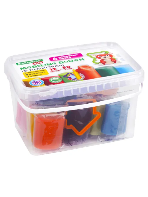 Пластилин-тесто для лепки BRAUBERG KIDS, 12 цветов., 600 г, 6 формочек, 1 скалка, ведерко, 106721
