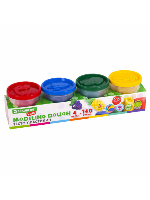 Пластилин-тесто для лепки BRAUBERG KIDS, 4 цвета, 560 г, яркие классические цвета, крышки-штампики, 106715