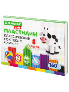 Пластилин классический BRAUBERG KIDS, 8 цветов, 160 г, со стеком, 106501