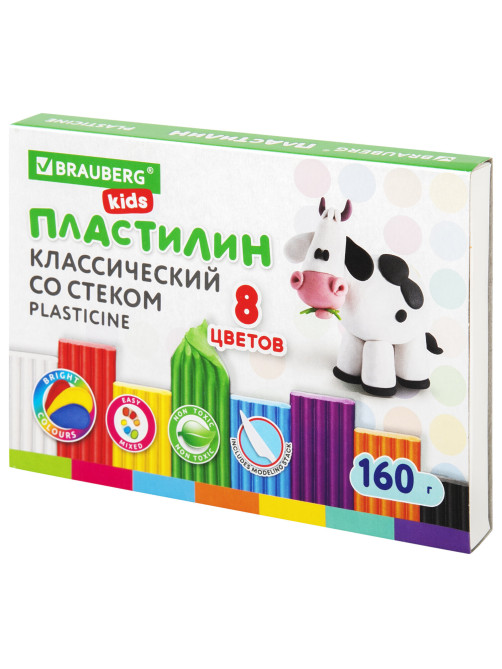 Пластилин классический BRAUBERG KIDS, 8 цветов, 160 г, со стеком, 106501