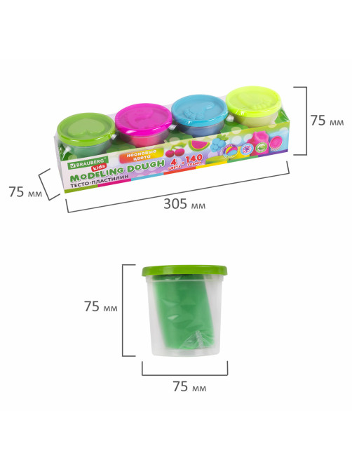 Пластилин-тесто для лепки BRAUBERG KIDS, 4 цвета, 560 г, яркие неоновые цвета, крышки-штампики, 106716