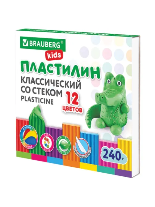 Пластилин классический BRAUBERG KIDS, 12 цветов, 240 г, стек, ВЫСШЕЕ КАЧЕСТВО, 106436