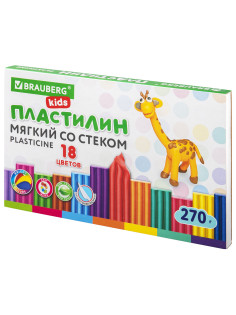 Пластилин мягкий восковой BRAUBERG KIDS, 18 цветов, 270 г, со стеком, 106497