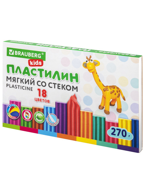 Пластилин мягкий восковой BRAUBERG KIDS, 18 цветов, 270 г, со стеком, 106497