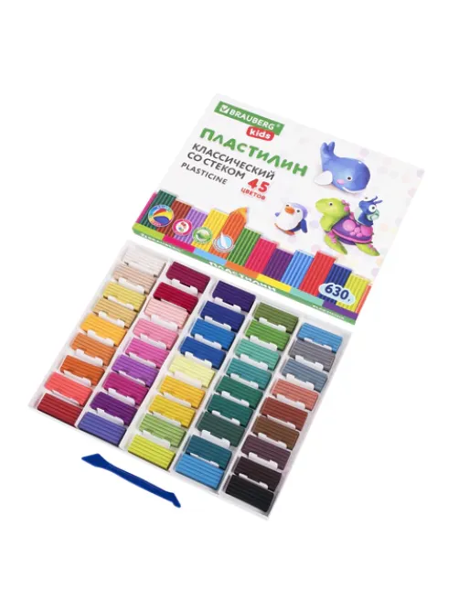 Пластилин классический BRAUBERG KIDS, 45 цветов, 630 г, стек, ВЫСШЕЕ КАЧЕСТВО, 106680