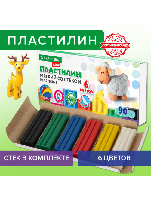 Пластилин мягкий восковой BRAUBERG KIDS, 6 цветов, 90 г, со стеком, 106493