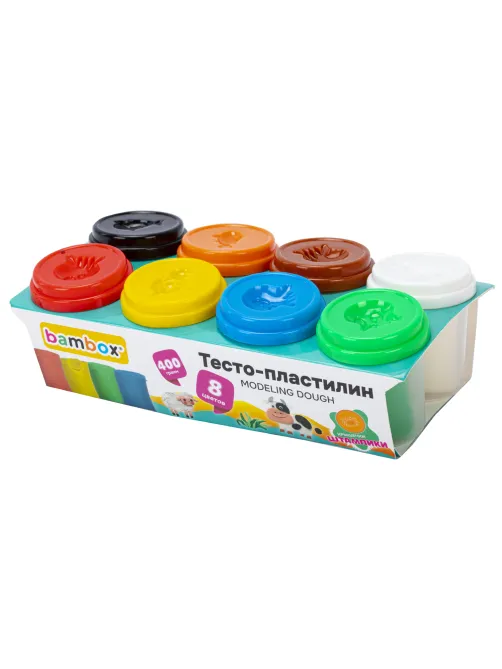 Тесто-пластилин для лепки СУПЕР ПЛАСТИЧНОЕ, 8 цветов, 400 г, крышки-штампики, BAMBOX (БАМБОКС), 107248