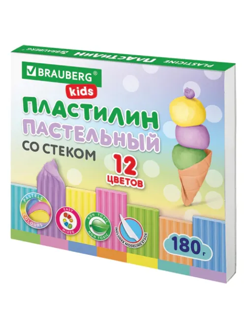 Пластилин классический пастельные цвета BRAUBERG KIDS, 12 цветов, 180 грамм, стек, 106681