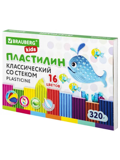 Пластилин классический BRAUBERG KIDS, 16 цветов, 320 г, со стеком, 106508