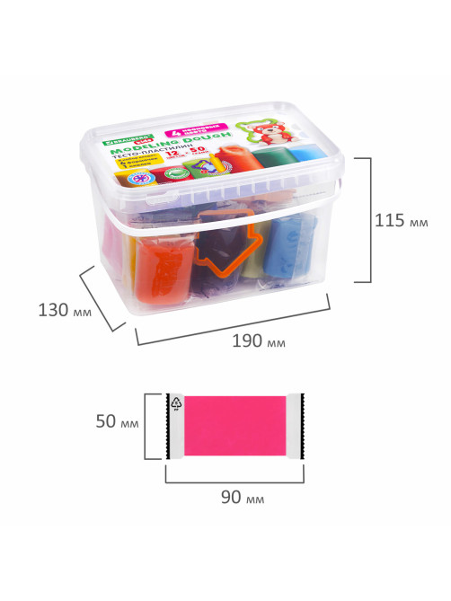 Пластилин-тесто для лепки BRAUBERG KIDS, 12 цветов., 600 г, 6 формочек, 1 скалка, ведерко, 106721