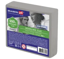Пластилин скульптурный BRAUBERG ART CLASSIC, серый, 0,5 кг, мягкий, 106513