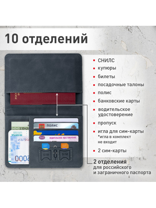 Обложка для паспорта и документов с защитой от считывания, 9 карманов, резинка, экокожа, темно-голубая, BRAUBERG, 238752
