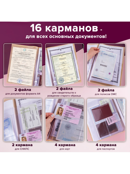 Папка для семейных документов с файлами (паспорта, свидетельства, полисы, СНИЛС) STAFF, 16 отделений, ПВХ, бежевая, 237808