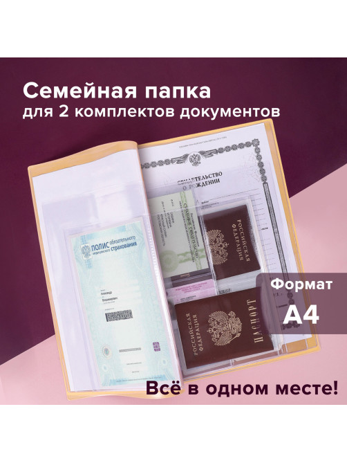 Папка для семейных документов с файлами (паспорта, свидетельства, полисы, СНИЛС) STAFF, 16 отделений, ПВХ, бежевая, 237808