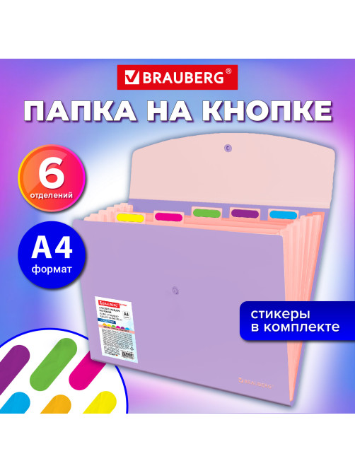 Папка-органайзер конверт на кнопке 6 отделений, BRAUBERG 