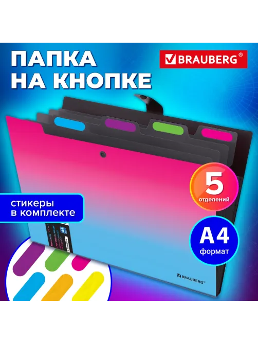 Папка-органайзер на кнопке 5 отделений, BRAUBERG GRADE, A4, розово-голубой градиент, 274091