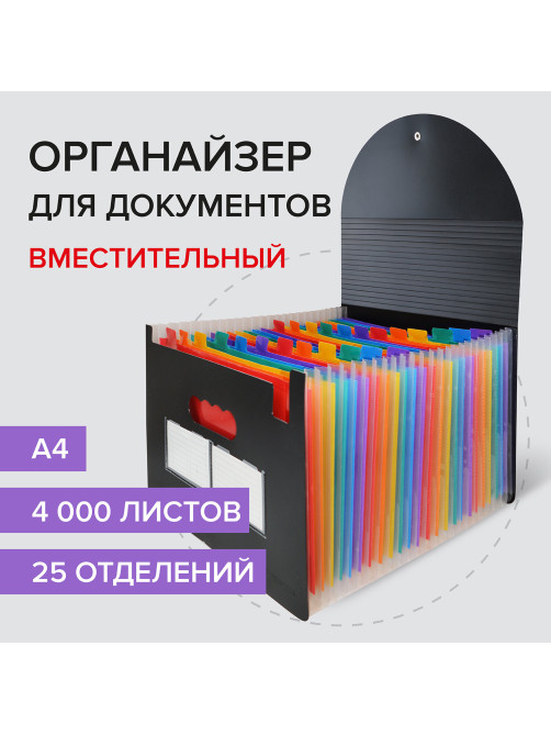 Папка-органайзер для бумаг и документов на резинке, 25 отделений, BRAUBERG DOCS, А4, черная, 271151