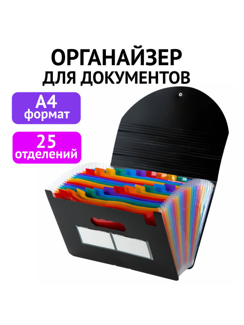 Папка-органайзер для бумаг и документов на резинке, 25 отделений, BRAUBERG DOCS, А4, черная, 271151
