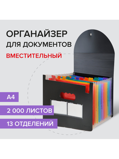 Папка-органайзер для бумаг и документов на резинке, 13 отделений, BRAUBERG DOCS, А4, черная, 271152