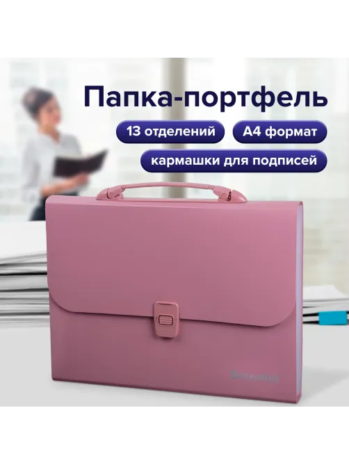 Папка-портфель пластиковая BRAUBERG А4 (327х254х30 мм), 13 отделений, розовая, 221441
