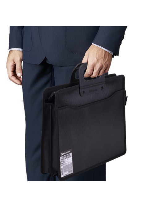 Папка-портфель пластиковая BRAUBERG А4+ (390х320х120 мм), 4 отделения, фактура под дерево, черная, 221391