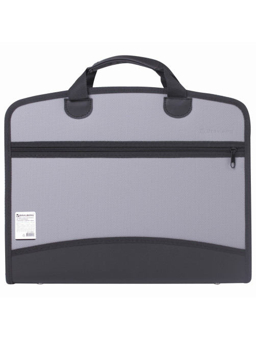 Папка-портфель пластиковая BRAUBERG А4+ (375х305х60 мм), 4 отделения, 2 кармана, серая, 228685