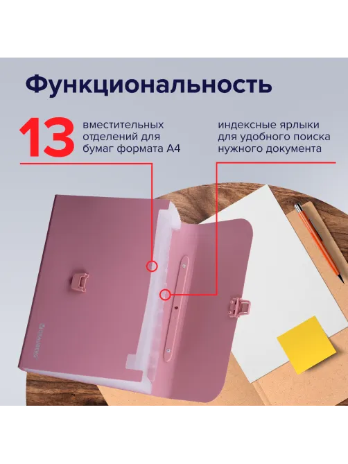Папка-портфель пластиковая BRAUBERG А4 (327х254х30 мм), 13 отделений, розовая, 221441