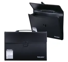 Папка-портфель пластиковая BRAUBERG А4+ (390х260х40 мм), 3 отделения, фактура линейная, черная, 221389