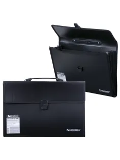 Папка-портфель пластиковая BRAUBERG А4+ (390х260х40 мм), 3 отделения, фактура линейная, черная, 221389
